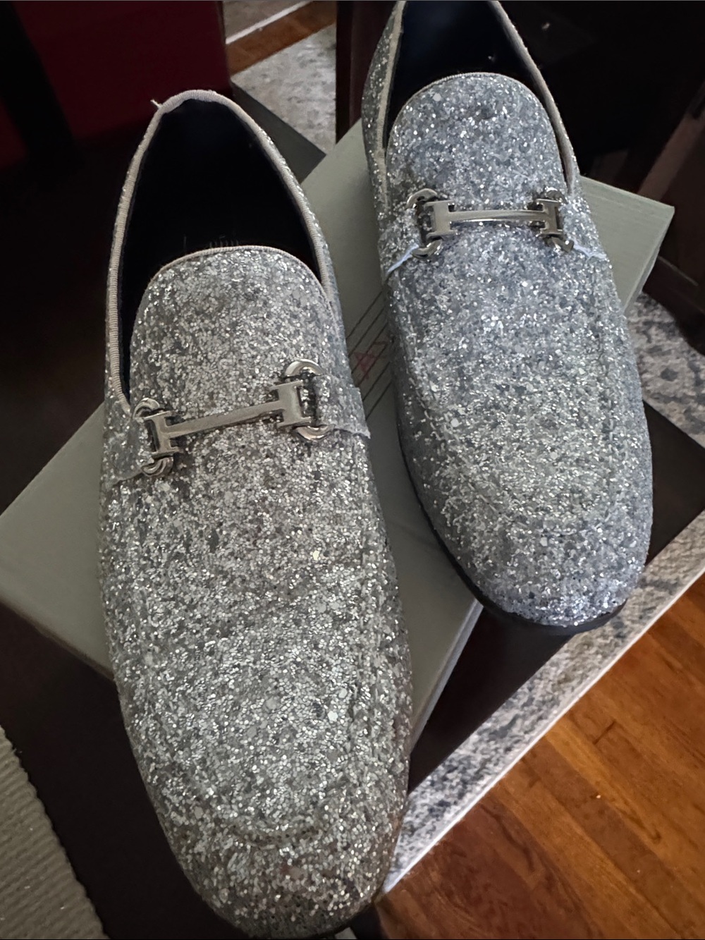Men's Silver Glitter Slip-On Loafers with Metal Bit